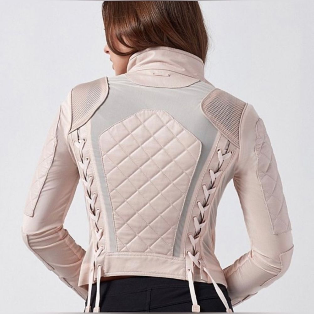 blanc noir Light Pink Quilted Lace-Up Moto Jacket; Size Med. 100% leather shell